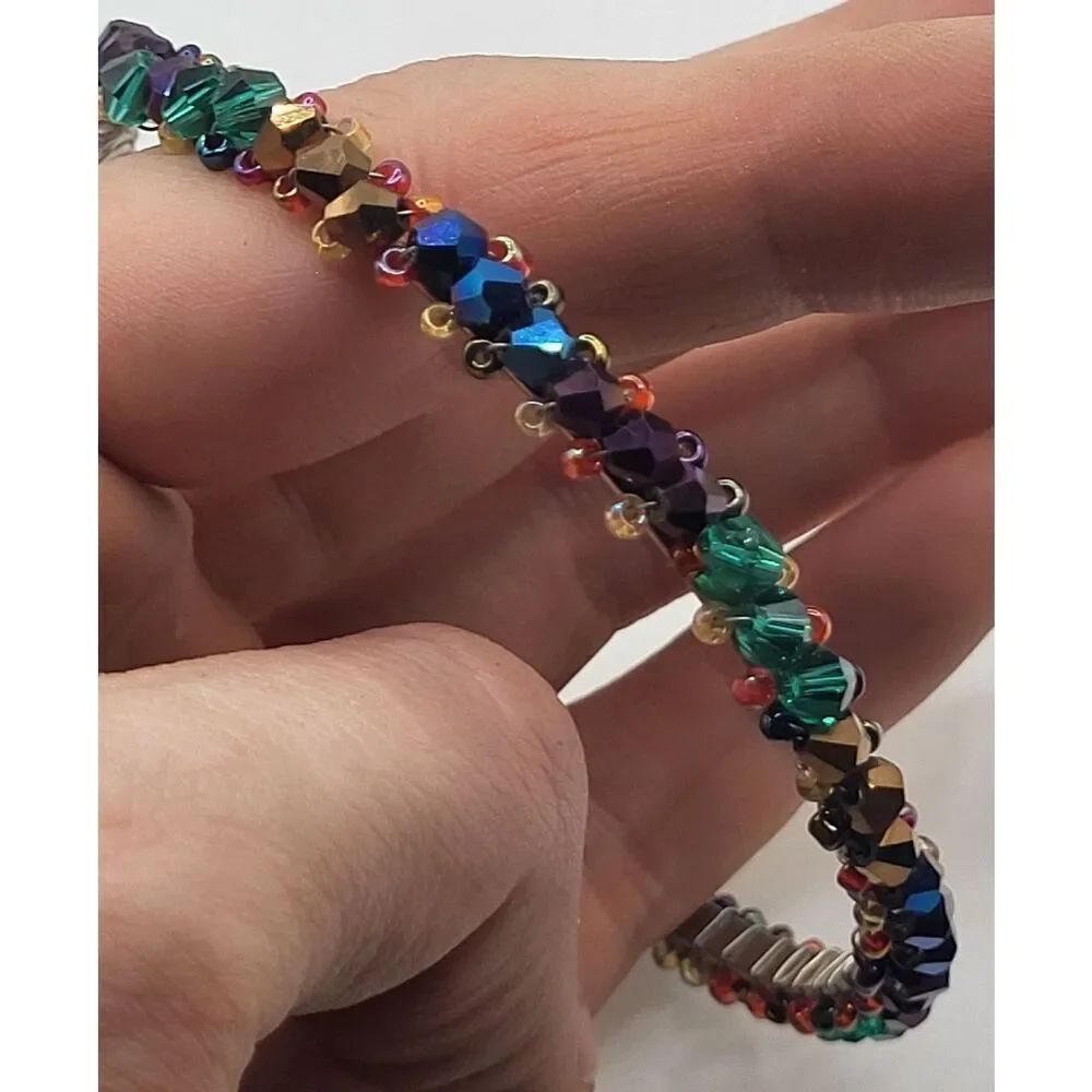 Bohemian Beaded Oil Spill Bangle Bracelet Facetred 2.75in Dia
